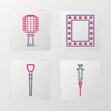 Set line Syringe, Makeup brush, mirror with lights and Hairbrush icon. Vector Stock-Illustration