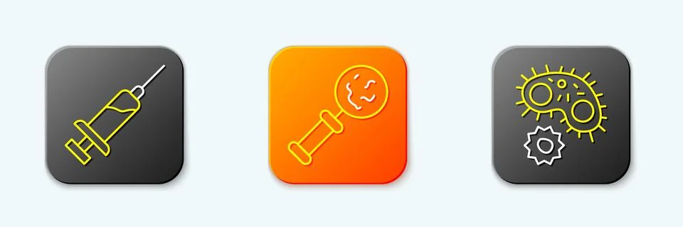 Set line Syringe, Microorganisms under magnifier and Virus icon. Vector Stock Illustration