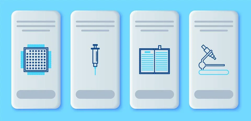 Set line Syringe, Open science book, Processor and Microscope icon. Vector 스톡 일러스트