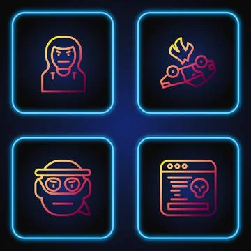 Set line System bug, Bandit, Thief mask and Burning car. Gradient color icons Stock Illustration