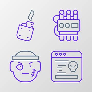 Set line System bug, Bandit, Dynamite timer clock and Lighter icon. Vector Stockillustratie