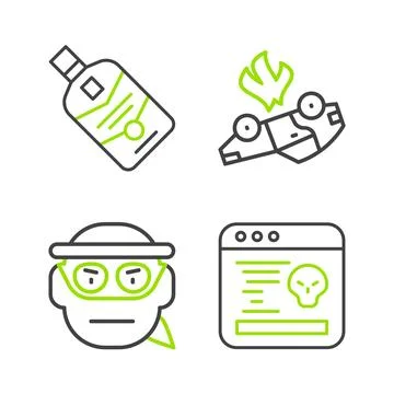 Set line System bug, Bandit, Burning car and Whiskey bottle icon. Vector Stock Illustration