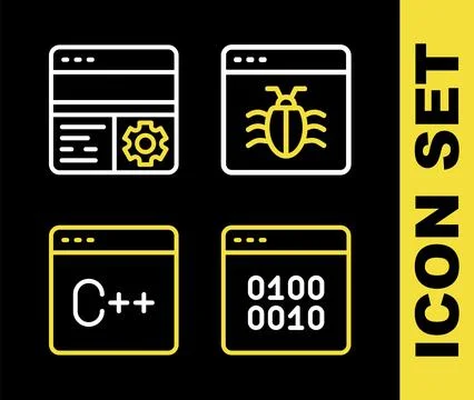 Set line System bug, Binary code, Software and Debugging icon. Vector 库存插图