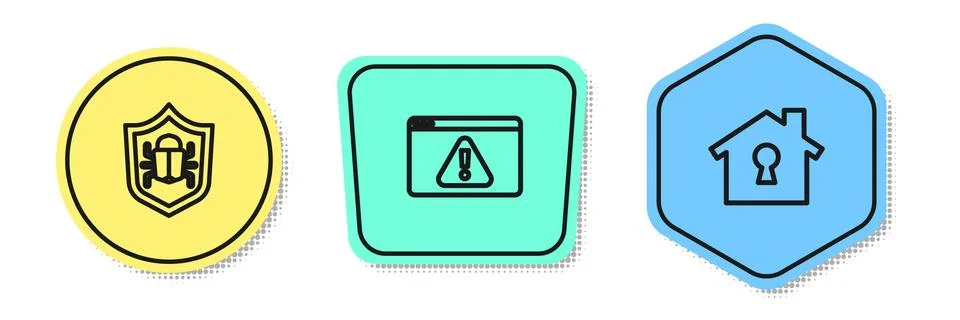 Set line System bug, Browser with exclamation mark and House under protection 库存插图
