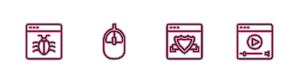 Set line System bug, Browser with shield, Computer mouse and Online play video Stock Illustration