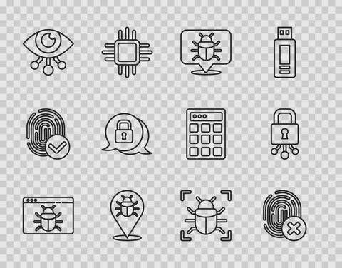 Set line System bug, Cancelled fingerprint, Eye scan, Cyber security, and icon Illustrazione stock