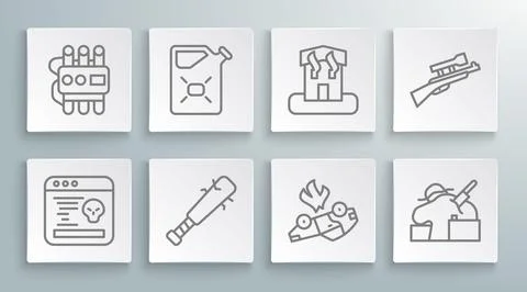 Set line System bug, Canister fuel, Baseball bat with nails, Burning car, M.. Stock Illustration