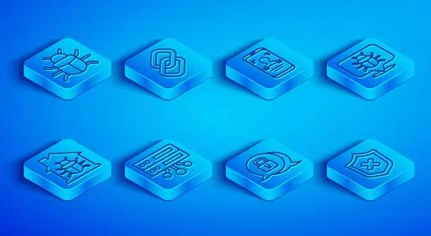 Set line System bug, Chain link, Mobile and face recognition, Server, Data, Web Stock Illustration