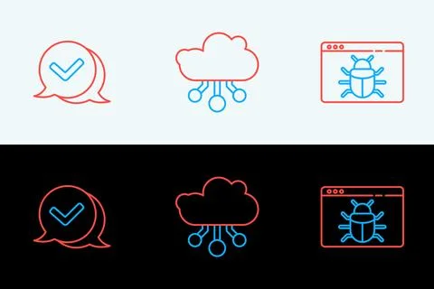 Set line System bug, Check mark in speech bubble and Internet of things ico.. Illustrazione stock