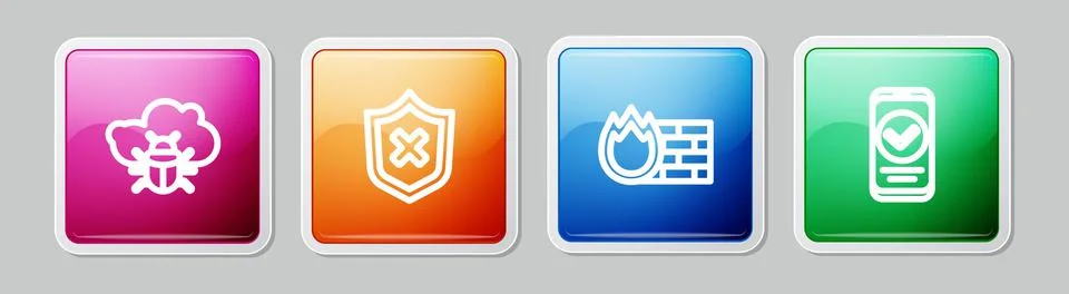 Set line System bug on a cloud, Shield with cross mark, Firewall, security wall Stock Illustration