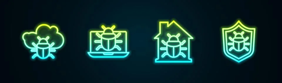 Set line System bug on a cloud, monitor, House system and . Glowing neon icon Stock Illustration