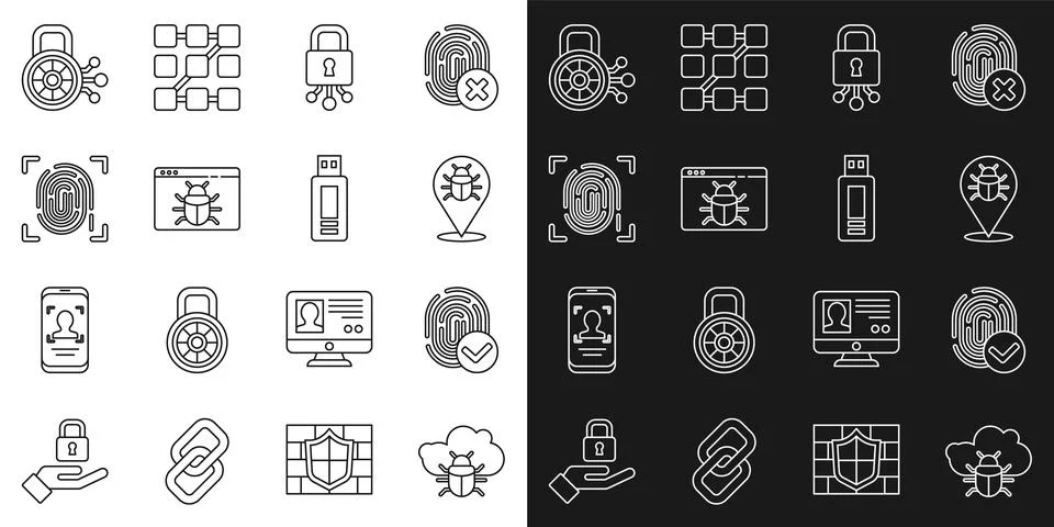 Set line System bug on a cloud, Fingerprint, Cyber security, and USB flash drive 스톡 일러스트
