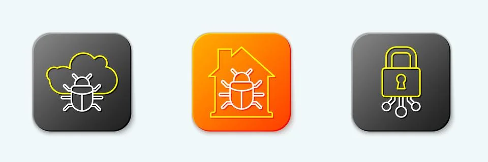 Set line System bug on a cloud, House system and Cyber security icon. Vector Illustrazione stock