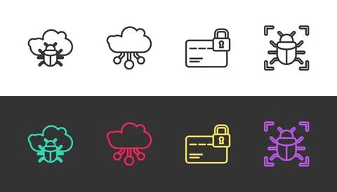 Set line System bug on a cloud, Internet of things, Credit card with lock a.. 库存插图
