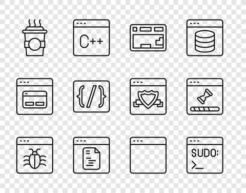 Set line System bug, Code terminal, Keyboard, Software, Coffee cup to go Stock Illustration