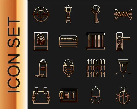 Set line System bug concept, Motion sensor, Door handle, Old key, Credit card Illustration