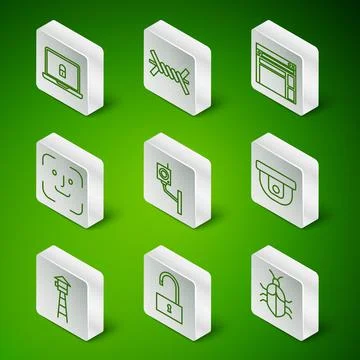 Set line System bug concept, Open padlock, Laptop and, Security camera, Face Stock Illustration