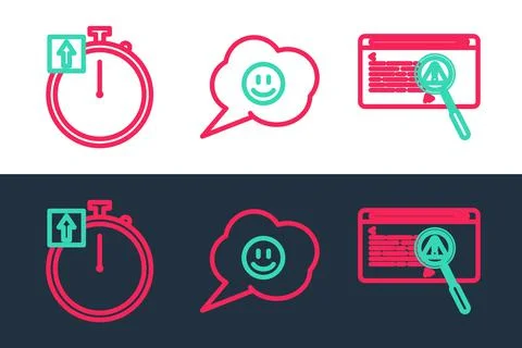 Set line System bug concept, Stopwatch and Speech bubble with smile face icon Illustrazione stock