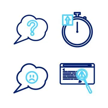Set line System bug concept, Speech bubble with sad smile, Stopwatch and Stock Illustration