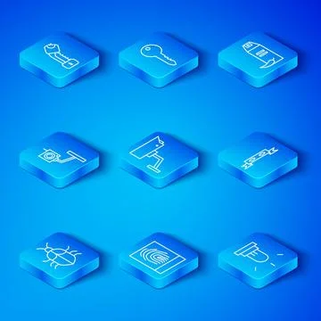 Set line System bug concept, Security camera, Fingerprint, Thief eye mask, .. Stock Illustration