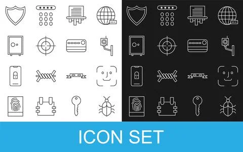 Set line System bug concept, Face recognition, Security camera, Paper shred.. Stock Illustration