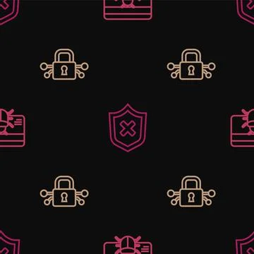 Set line System bug in credit card, Cyber security and Shield with cross mark on Illustrazione stock