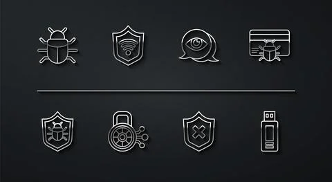 Set line System bug, in credit card, Shield with cross mark, Cyber security Illustrazione stock