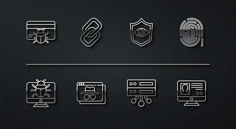 Set line System bug in credit card, on monitor, Fingerprint, Server, Data, Web Illustrazione stock