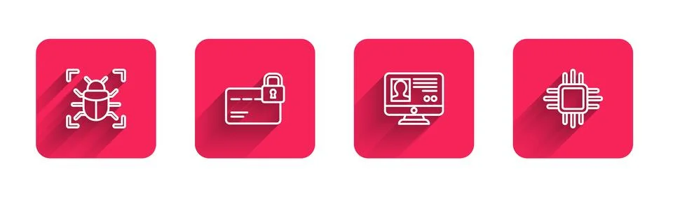 Set line System bug, Credit card with lock, Create account screen and Proce.. Illustrazione stock