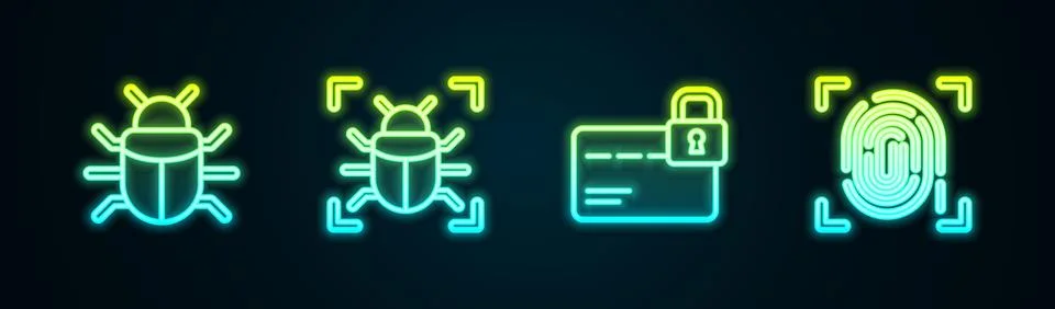 Set line System bug, , Credit card with lock and Fingerprint. Glowing neon ic 스톡 일러스트