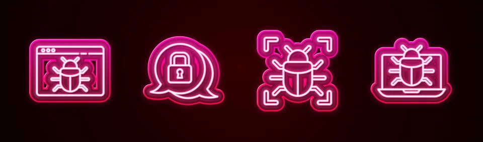 Set line System bug, Cyber security, and on monitor. Glowing neon icon. Vector Illustrazione stock
