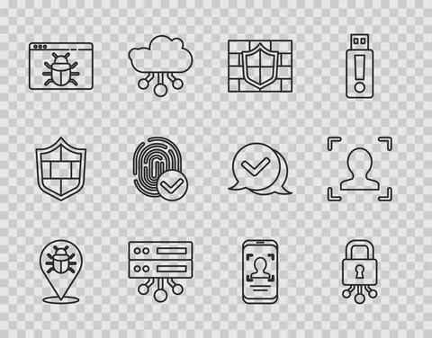 Set line System bug, Cyber security, Shield with brick wall, Server, Data, Web Stock Illustration