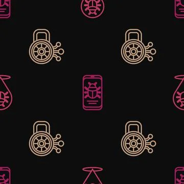 Set line System bug, Cyber security and on mobile on seamless pattern. Vector Stock-Illustration