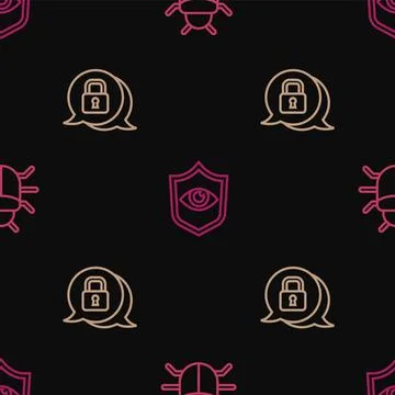 Set line System bug, Cyber security and Shield and eye on seamless pattern 스톡 일러스트