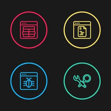 Set line System bug, Debugging, Software and MySQL code icon. Vector Stockillustratie