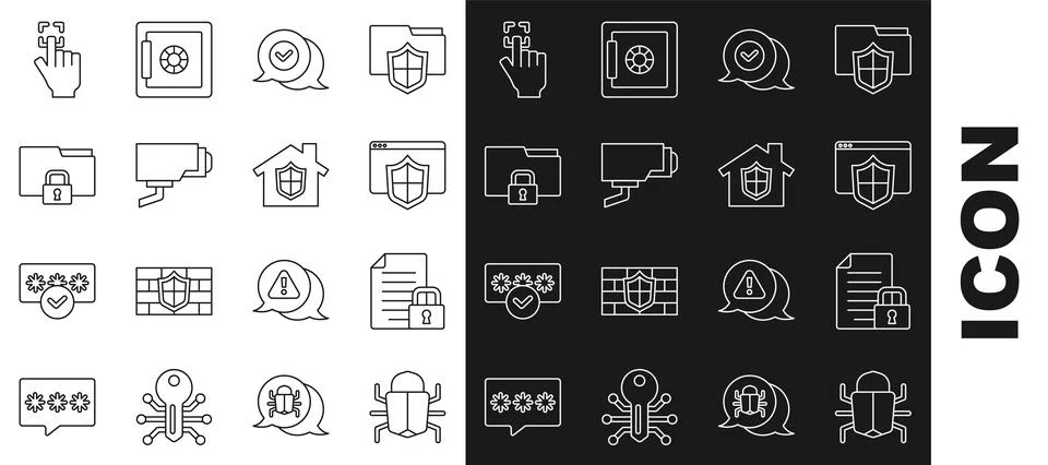 Set line System bug, Document and lock, Browser with shield, Check mark in Illustrazione stock