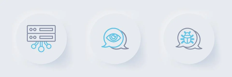 Set line System bug, Eye scan and Server, Data, Web Hosting icon. Vector Stock Illustration