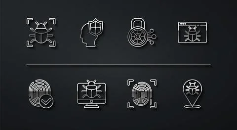 Set line System bug, Fingerprint, on monitor, Head with shield, and Cyber Illustrazione stock