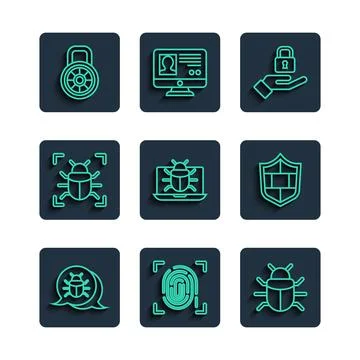 Set line System bug, Fingerprint, Lock hand, on monitor, Safe combination l.. Stock Illustration