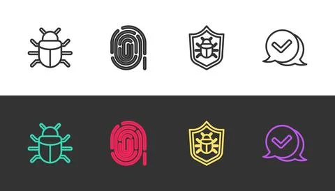 Set line System bug, Fingerprint,  and Check mark speech bubble on black an.. Stock-Illustration