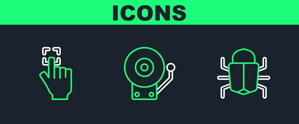 Set line System bug, Fingerprint and Ringing alarm bell icon. Vector Stock Illustration