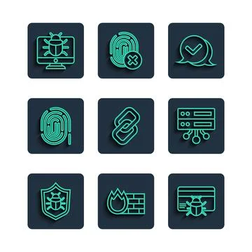 Set line System bug, Firewall, security wall, in credit card, Check mark sp.. Stock Illustration