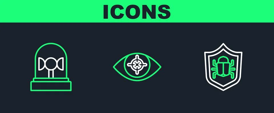 Set line System bug, Flasher siren and Eye scan icon. Vector 스톡 일러스트