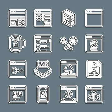 Set line System bug, Flowchart, Create account screen, Computer, Browser files Stock Illustration