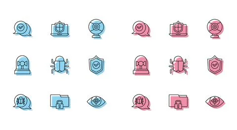 Set line System bug, Folder and lock, Check mark in speech bubble, Eye scan Illustrazione stock