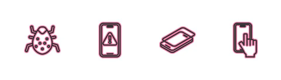 Set line System bug, Glass screen protector, Mobile with exclamation mark and イラスト素材
