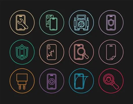 Set line System bug, Glass screen protector, Multimeter, Mobile with broken.. Illustrazione stock