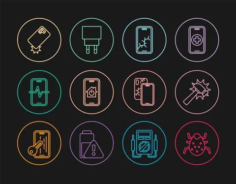 Set line System bug, Hammer, Mobile with broken screen, smart home, Phone repair Stock Illustration