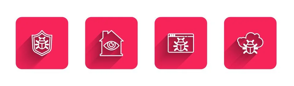 Set line System bug, House with eye scan, and on cloud with long shadow. Red Illustrazione stock