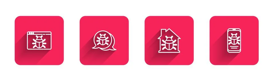 Set line System bug, , House system and on mobile with long shadow. Red square Illustrazione stock